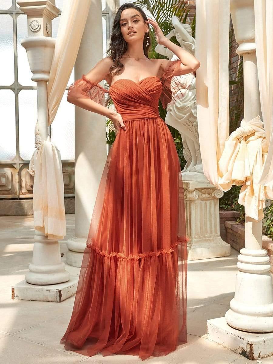Custom Size Off-Shoulder Sweetheart Double Layer Pleated Evening Dress #color_Burnt Orange