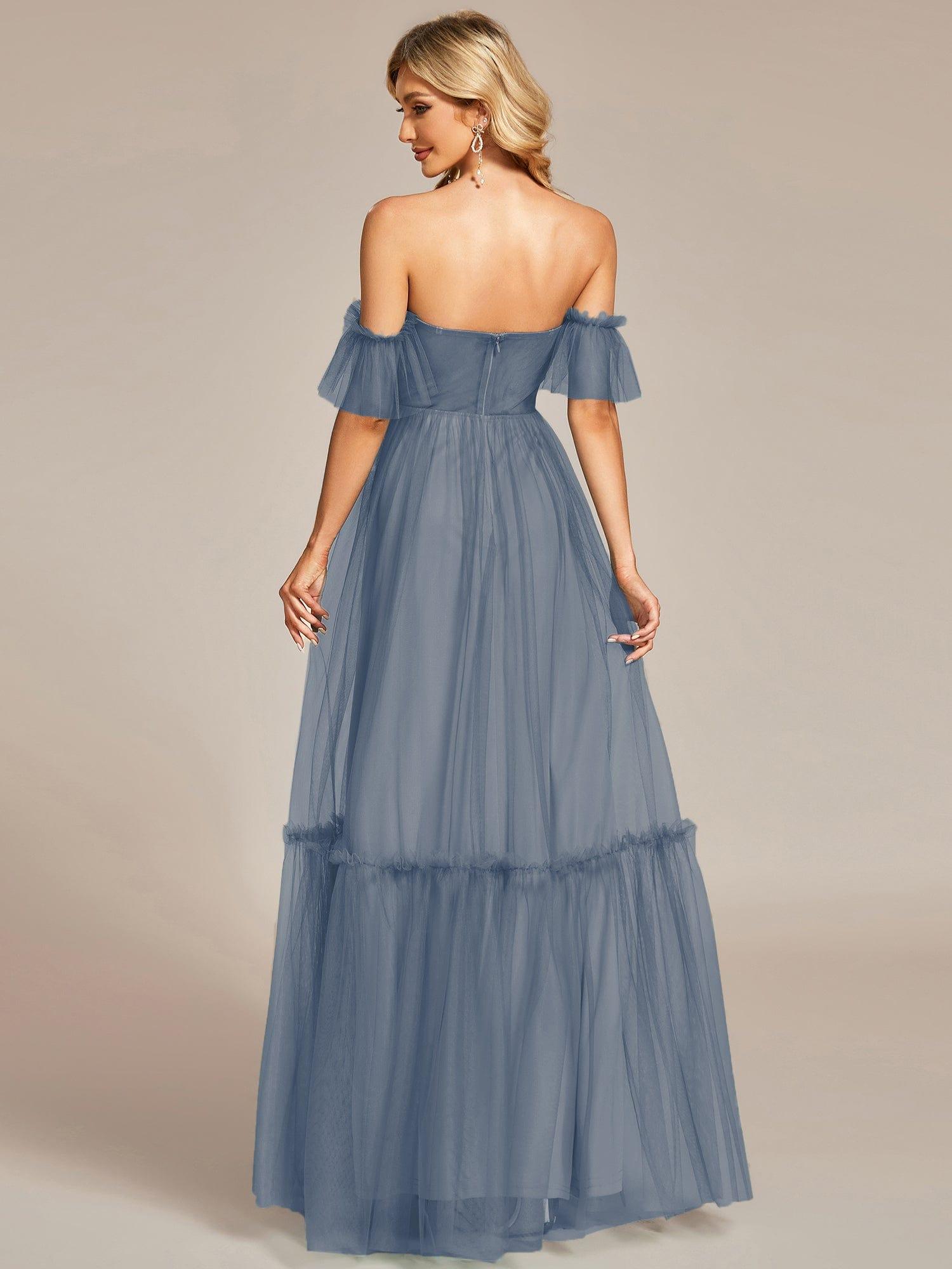 Custom Size Off the Shoulder Sweetheart Pleated Tulle Evening Dress #color_Dusty Blue