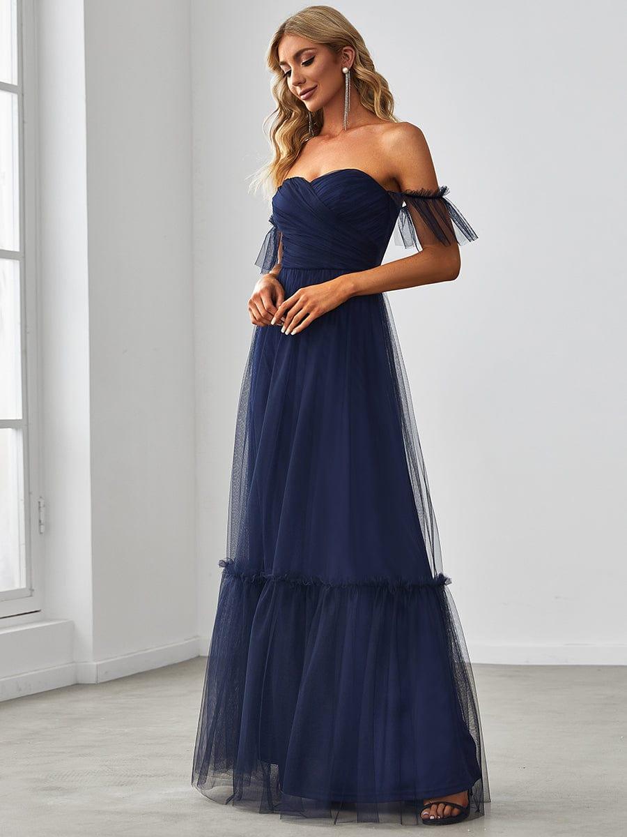 Custom Size Off-Shoulder Sweetheart Double Layer Pleated Evening Dress #color_Navy Blue