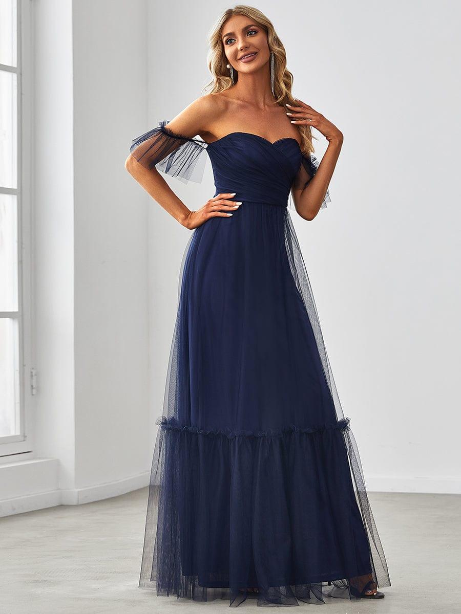Custom Size Off-Shoulder Sweetheart Double Layer Pleated Evening Dress #color_Navy Blue