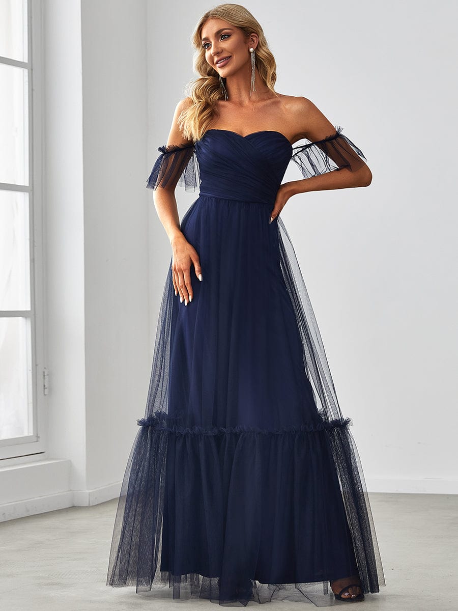 Off-Shoulder Sweetheart Double Layer Pleated Evening Dress #color_Navy Blue