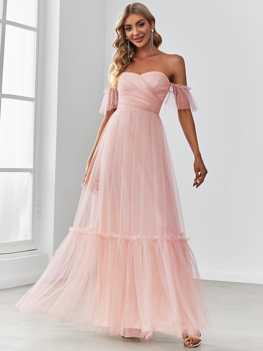 Off-Shoulder Sweetheart Double Layer Pleated Evening Dress #color_Pink