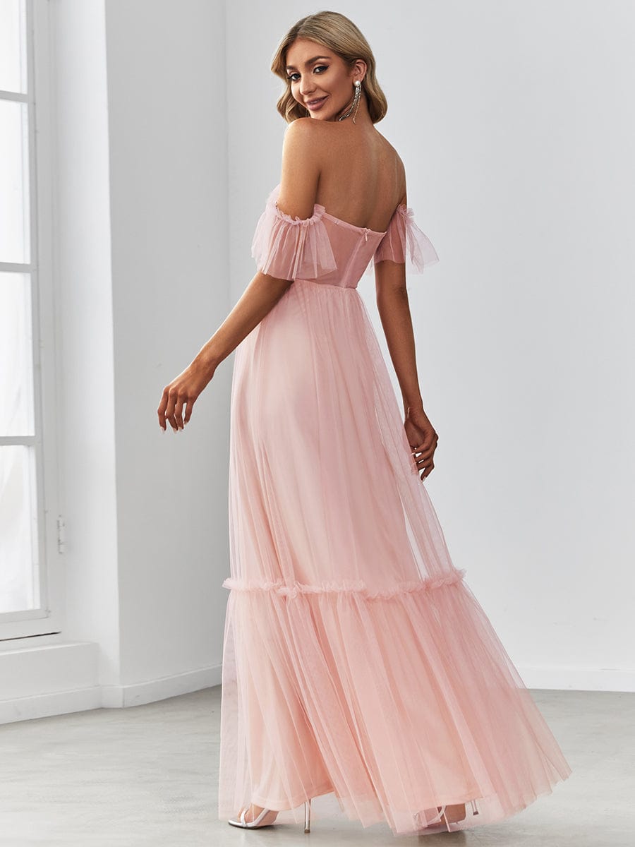 Off-Shoulder Sweetheart Double Layer Pleated Evening Dress #color_Pink