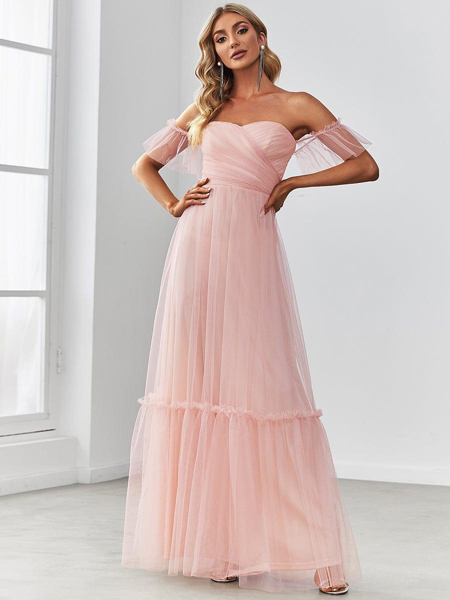 Custom Size Off-Shoulder Sweetheart Double Layer Pleated Evening Dress #color_Pink