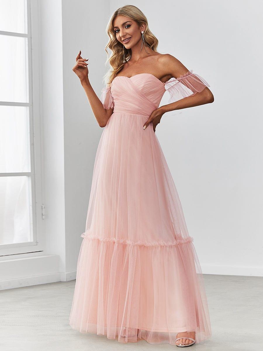 Custom Size Off-Shoulder Sweetheart Double Layer Pleated Evening Dress #color_Pink