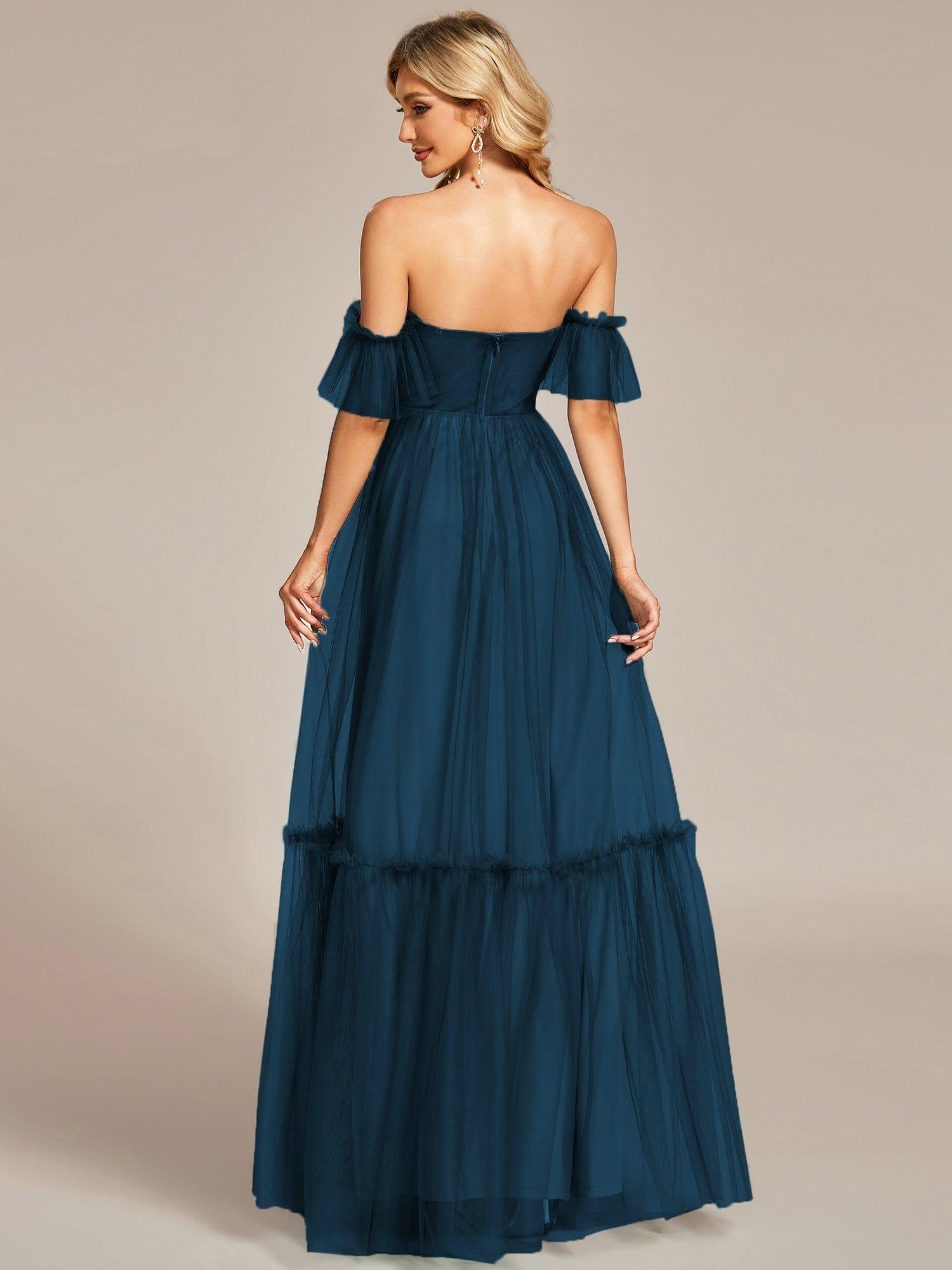 Custom Size Off the Shoulder Sweetheart Pleated Tulle Evening Dress #color_Teal