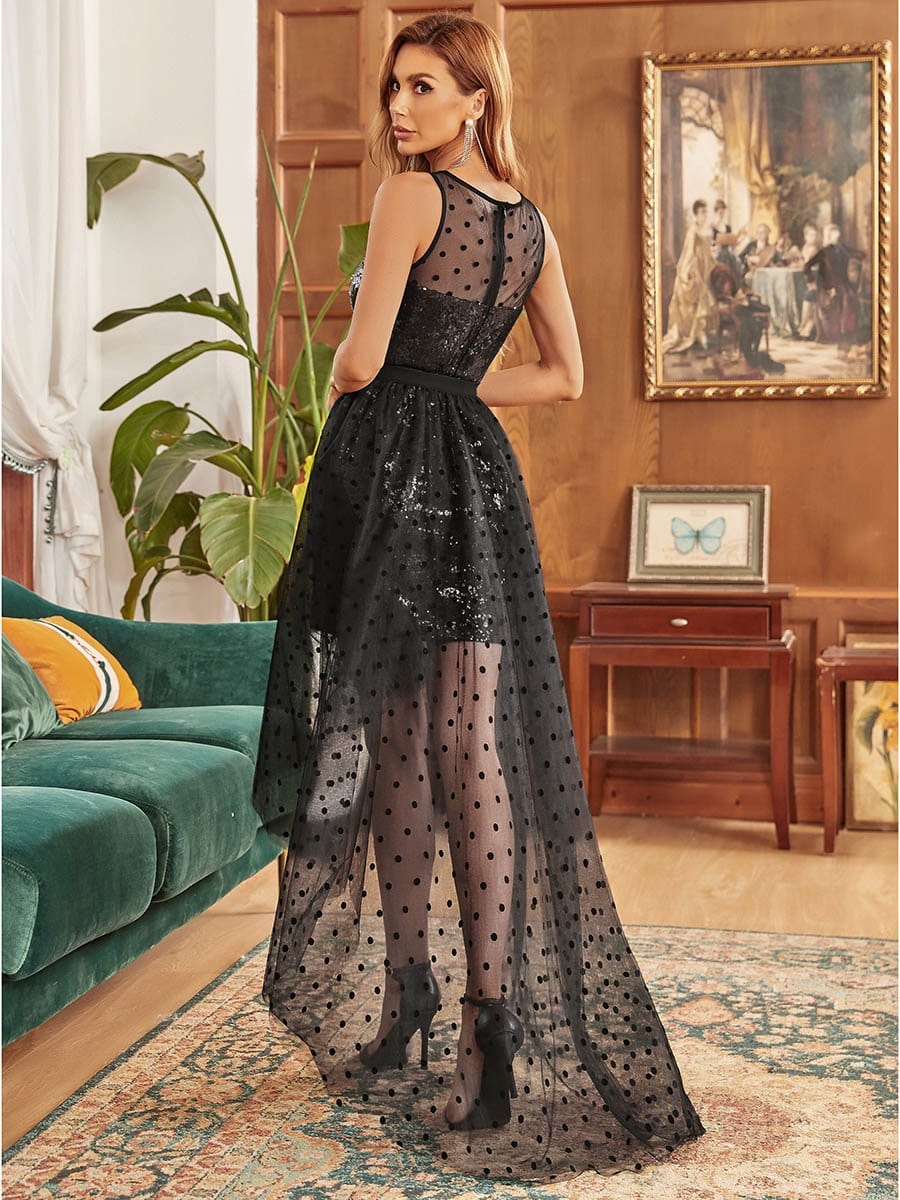 Color=Black | Sequin Mini Double Polka Dot Evening Dress-Black 2