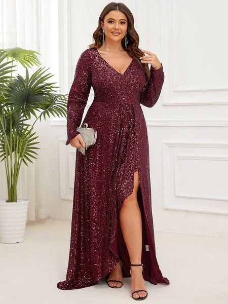 premier amour womens long sleeve sequin shift dress Plus Size Sequin V-Neck Long Sleeve High Slit Bodycon Evening Dress