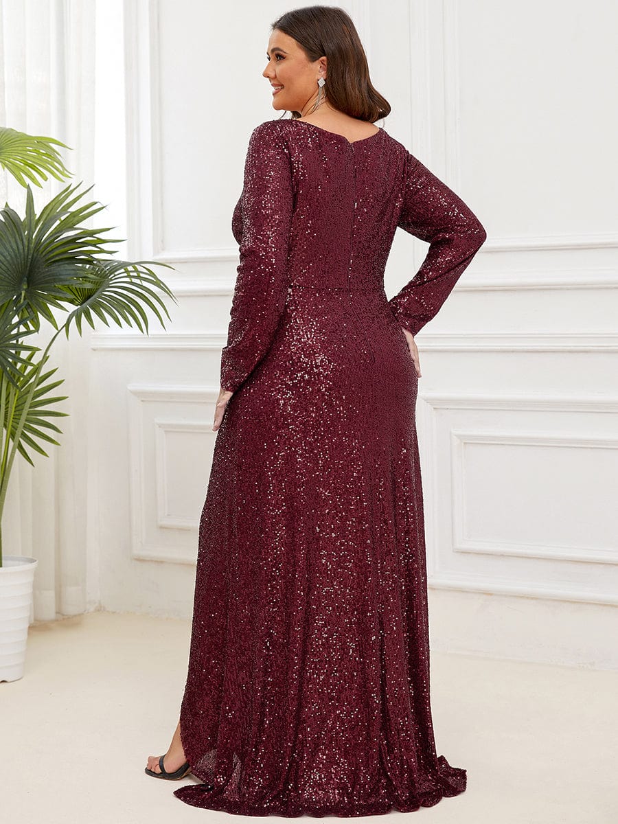 Plus Size Sequin V-Neck Long Sleeve High Slit Bodycon Evening Dress #color_Burgundy