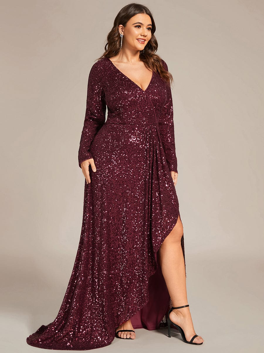 Custom Size Sequin Long Sleeve V-Neck High Slit Bodycon Evening Dress