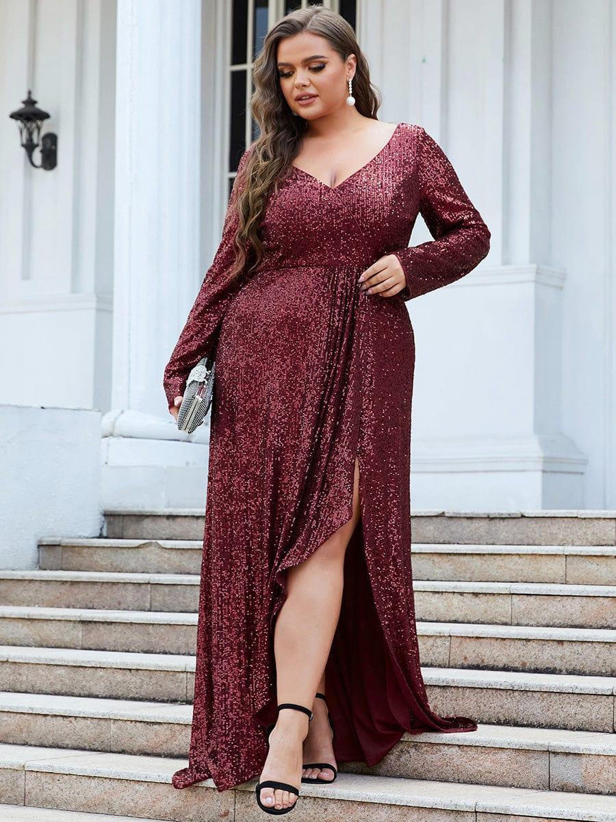 Plus Size Sequin V-Neck Long Sleeve High Slit Bodycon Evening Dress