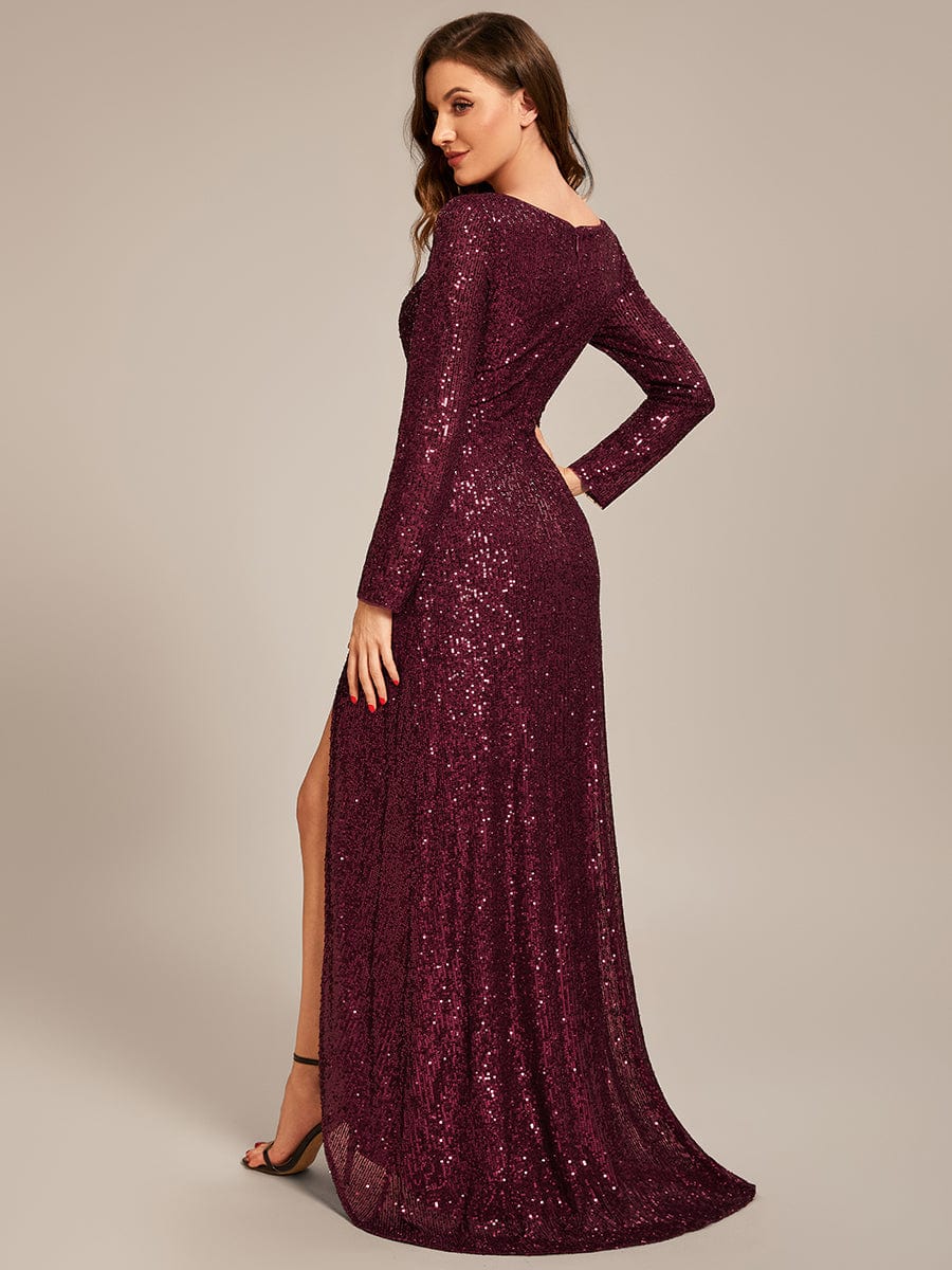 Sequin Long Sleeve V-neck Asymmetrical Hem Evening Dress #color_Burgundy