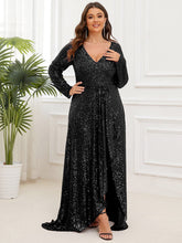 Plus Size Sequin V-Neck Long Sleeve High Slit Bodycon Evening Dress #color_Black