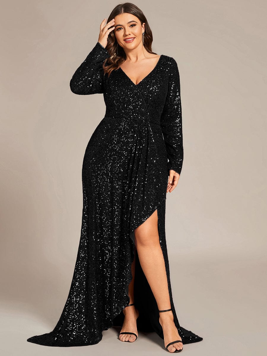Custom Size Sequin Long Sleeve V-Neck High Slit Bodycon Evening Dress #color_Black