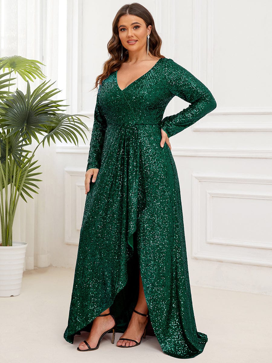 Plus Size Sequin V-Neck Long Sleeve High Slit Bodycon Evening Dress #color_Dark Green