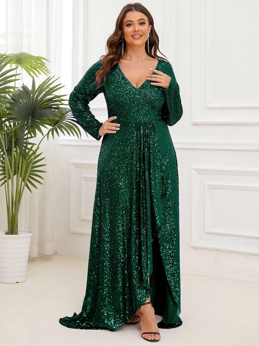 Sequin Long Sleeve V-neck Asymmetrical Hem Evening Dress