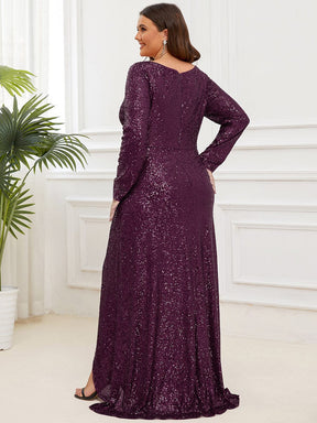 Plus Size Sequin V-Neck Long Sleeve High Slit Bodycon Evening Dress