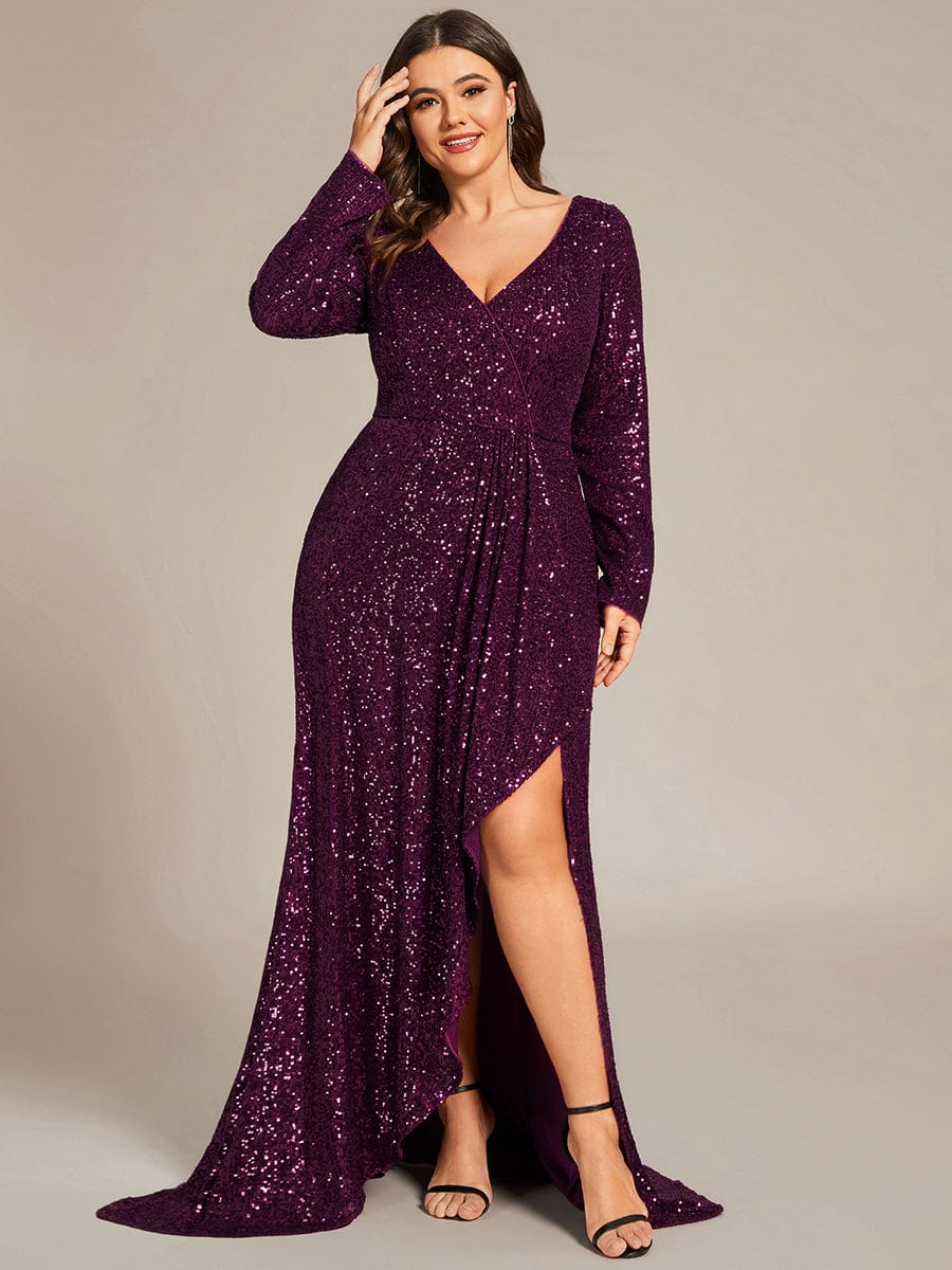 Custom Size Sequin Long Sleeve V-Neck High Slit Bodycon Evening Dress #color_Dark Purple