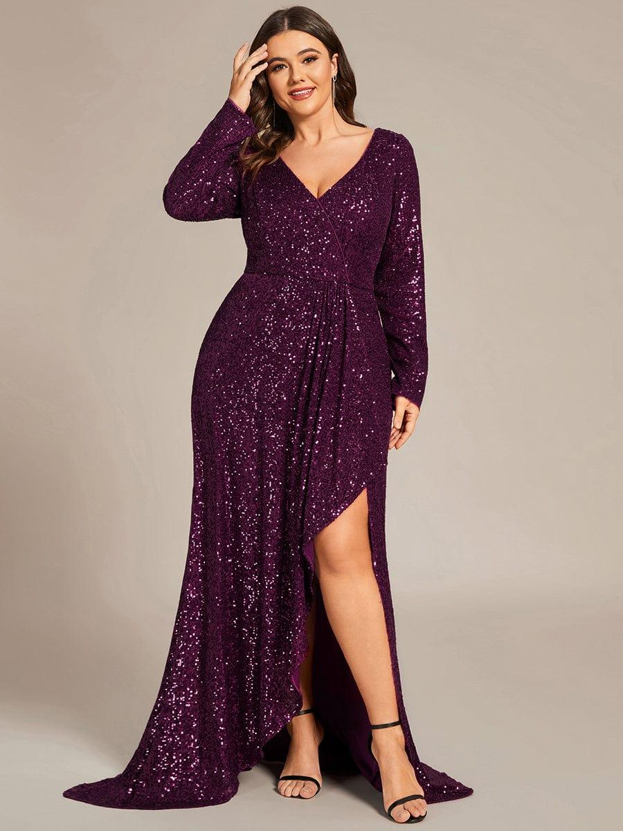 Sequin Long Sleeve V-neck Asymmetrical Hem Evening Dress