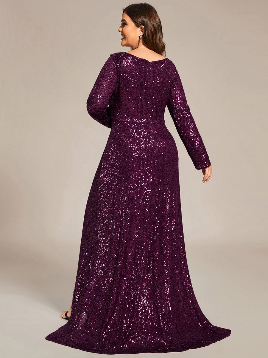 Custom Size Sequin Long Sleeve V-Neck High Slit Bodycon Evening Dress #color_Dark Purple