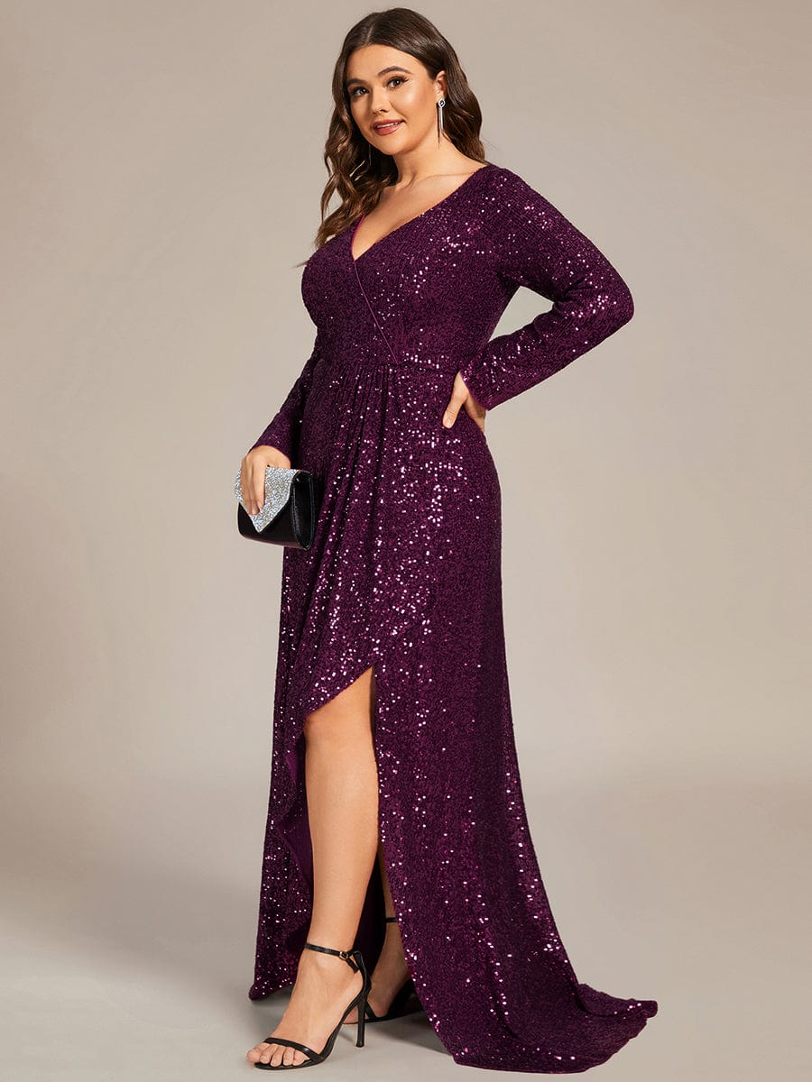 Custom Size Sequin Long Sleeve V-Neck High Slit Bodycon Evening Dress