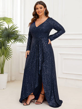 Plus Size Sequin V-Neck Long Sleeve High Slit Bodycon Evening Dress