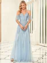 Color=Ice blue | Illusion V-Neck Sequin Striped A-Line Evening Gown-Ice Blue 1