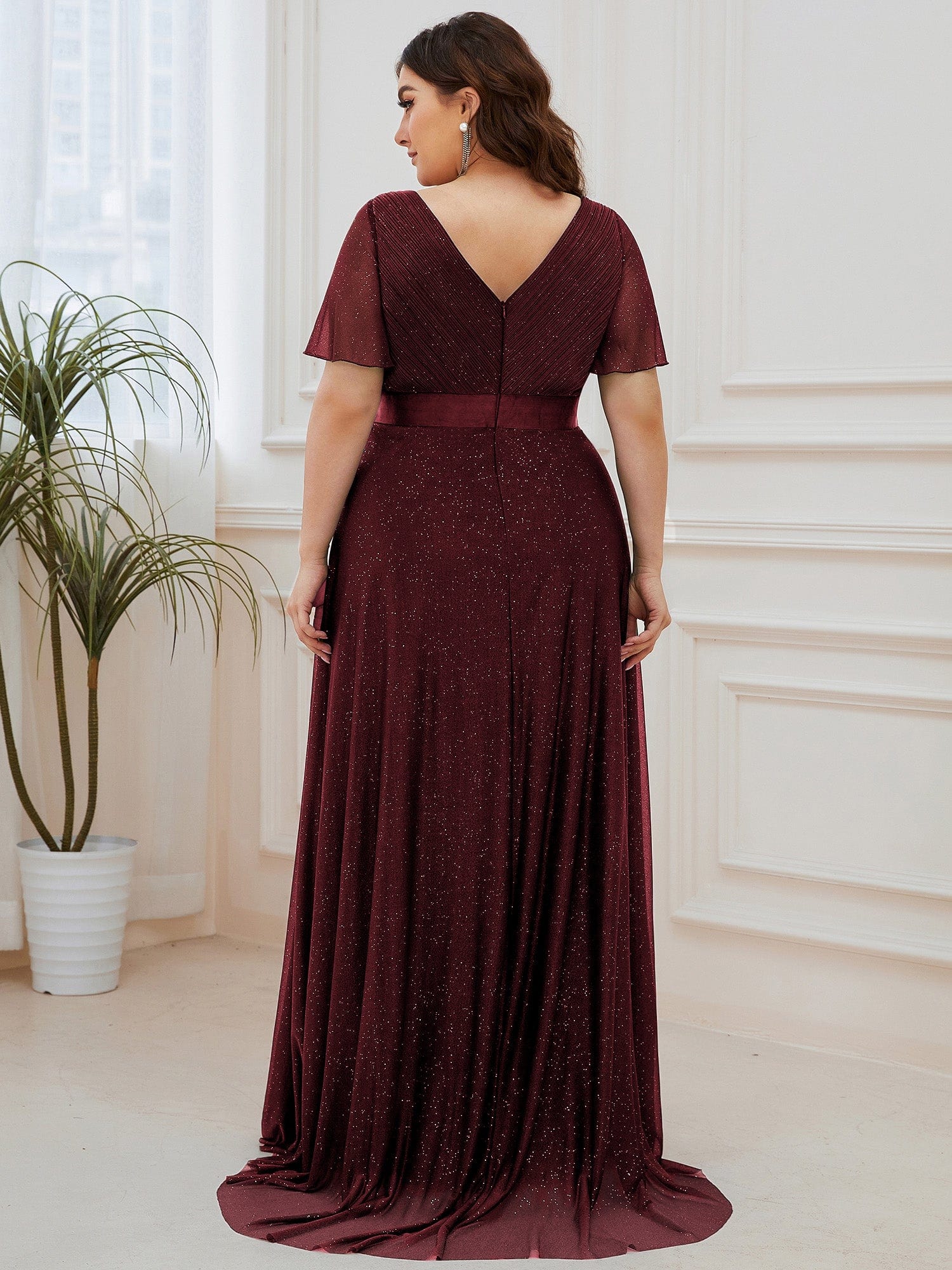 Sparkling Short Sleeve V-Neck Ribbon Waist Plus Size Formal Evening Dress #color_Burgundy