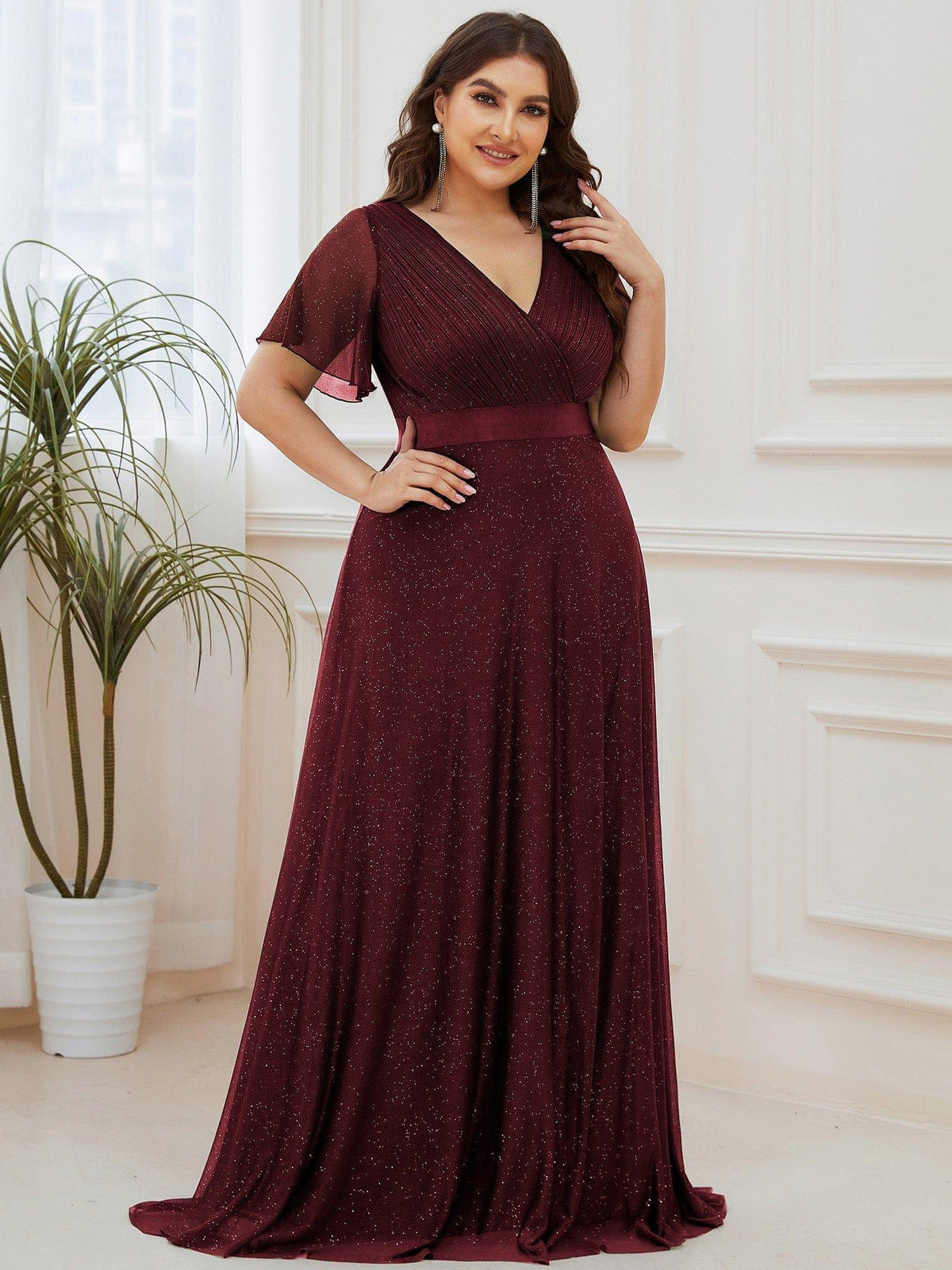 Plus Size Ribbed Buttoned V-Neck Long Sleeve Dress