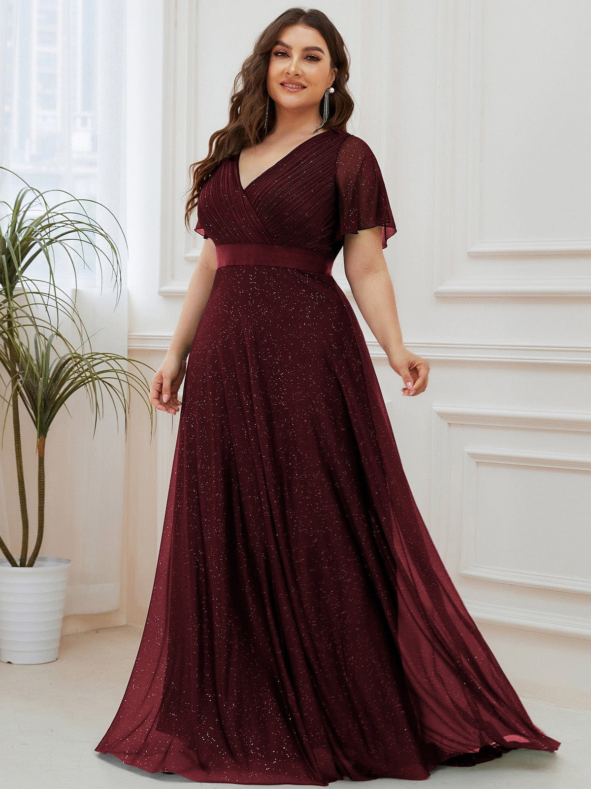 Sparkling Short Sleeve V-Neck Ribbon Waist Plus Size Formal Evening Dress #color_Burgundy