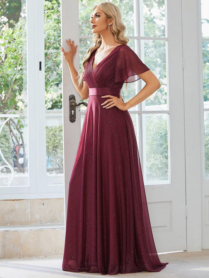 V-Neck Short Flutter Sleeve A-Line Evening Dress