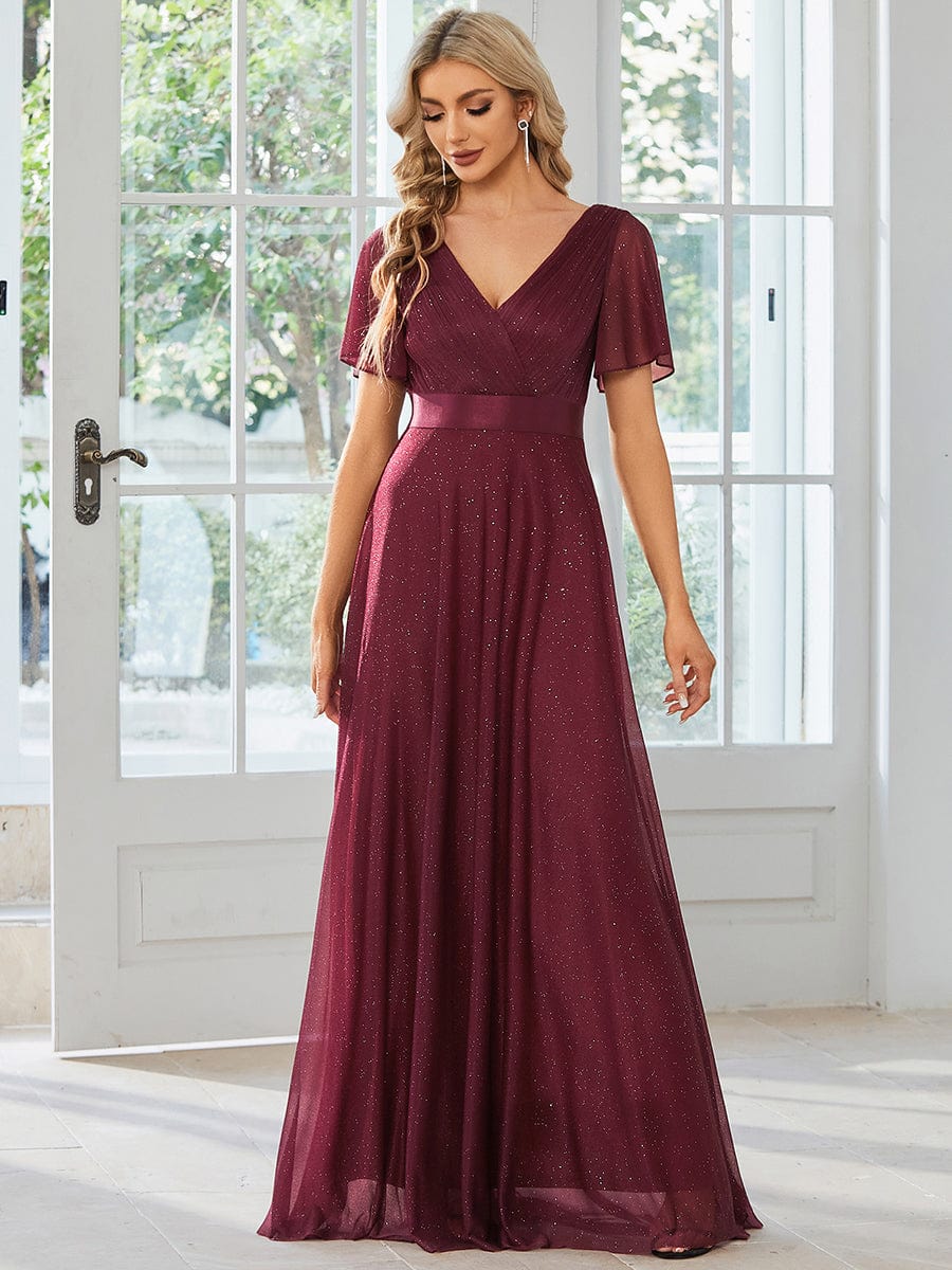 Sparkling Short Sleeve V-Neck Ribbon Waist A-Line Evening Dress #color_Burgundy