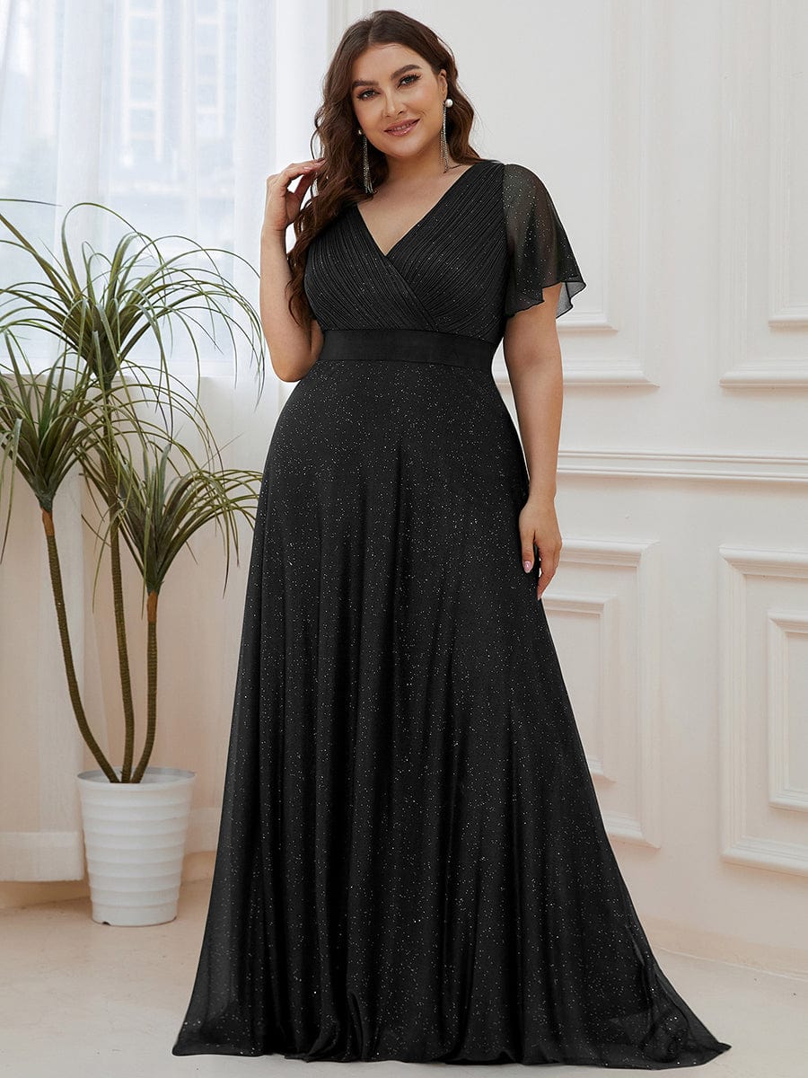 Custom Size V Neck Ribbon Waist Formal Evening Dress With Sleeves #color_Black