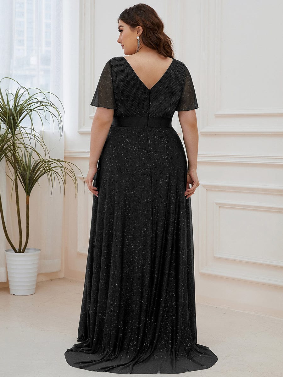 Custom Size V Neck Ribbon Waist Formal Evening Dress With Sleeves #color_Black
