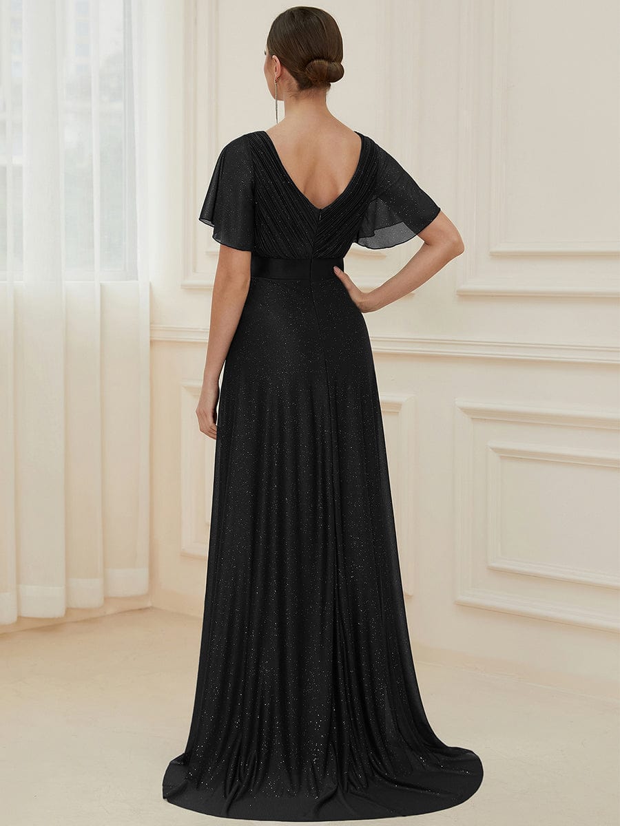 Floor Length V Neck Shiny Evening Dress with Side Slit