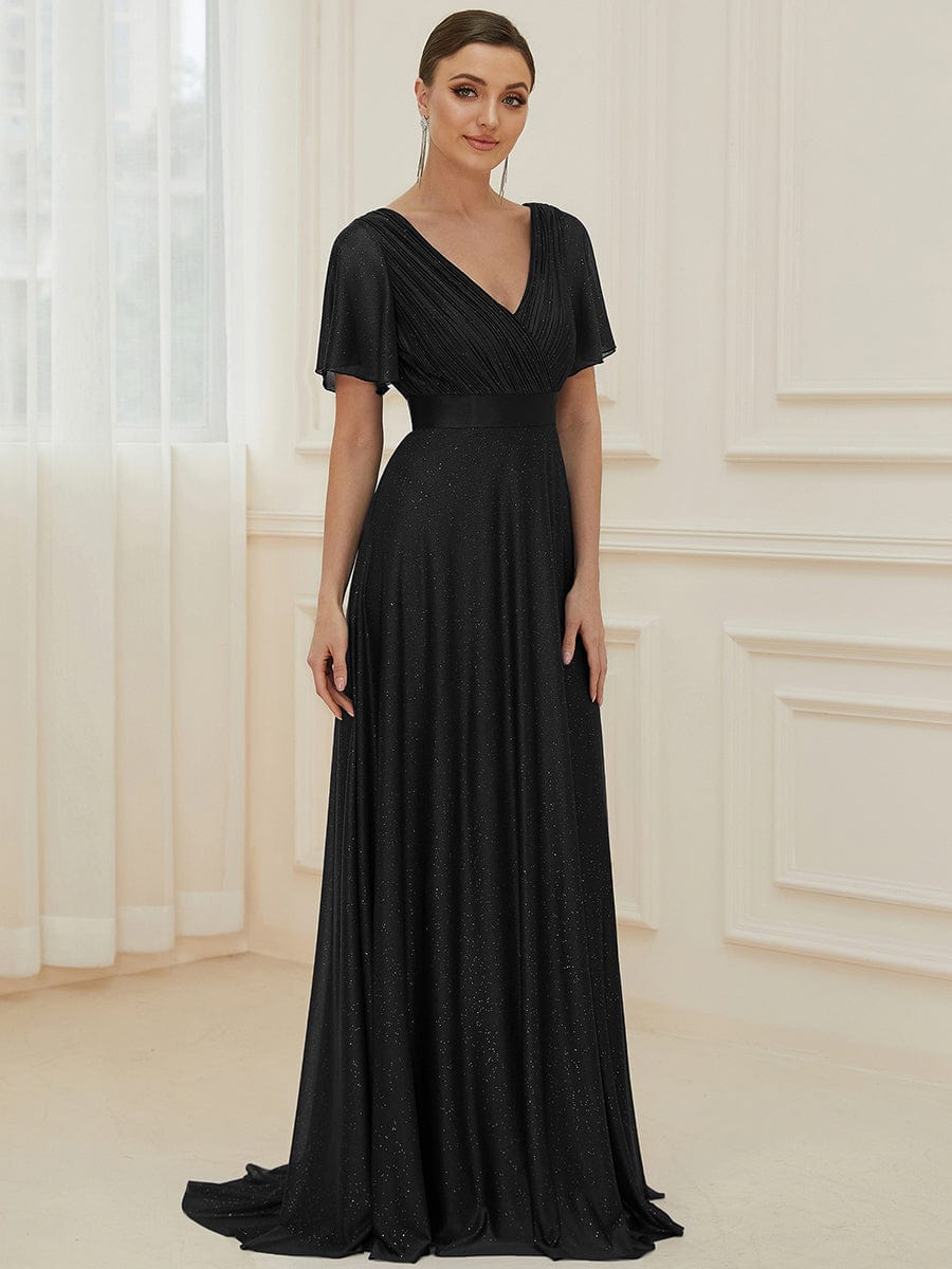 Sparkling Short Sleeve V-Neck Ribbon Waist A-Line Evening Dress #color_Black