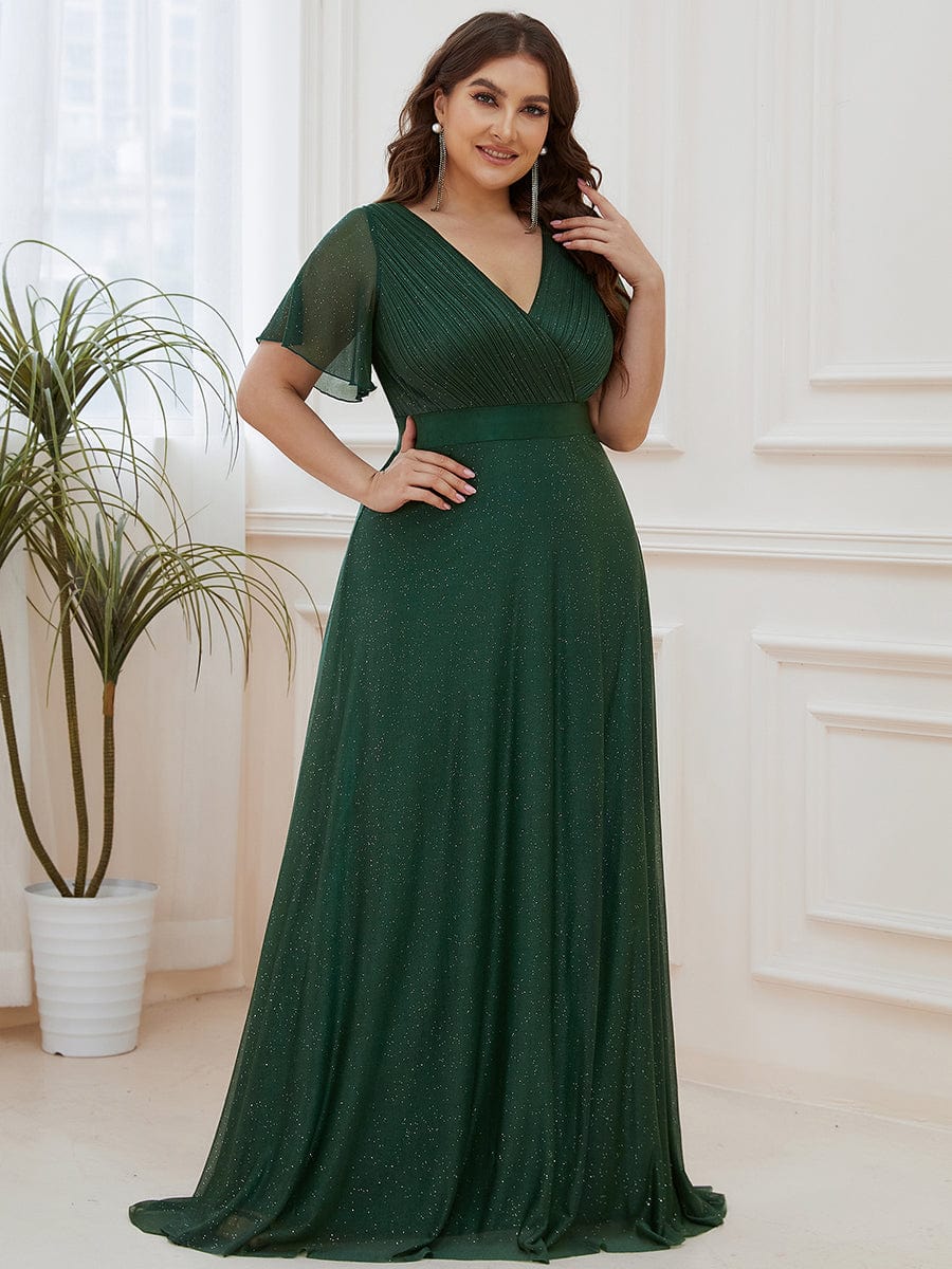 Sparkling Short Sleeve V-Neck Ribbon Waist Plus Size Formal Evening Dress #color_Dark Green