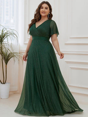 Plus Size V Neck Ribbon Waist Formal Evening Dress With Sleeves