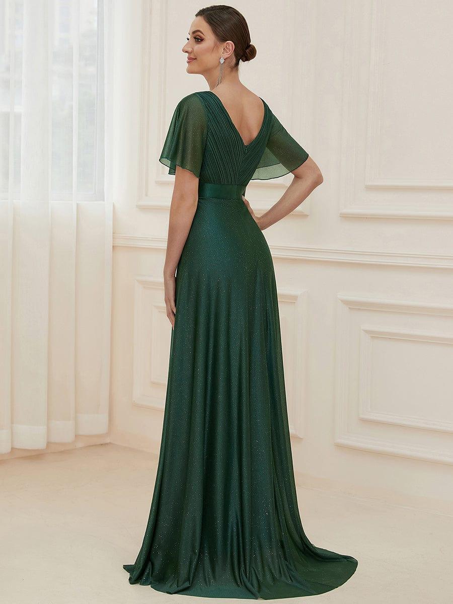 Sparkling Short Sleeve V-Neck Ribbon Waist A-Line Evening Dress #color_Dark Green