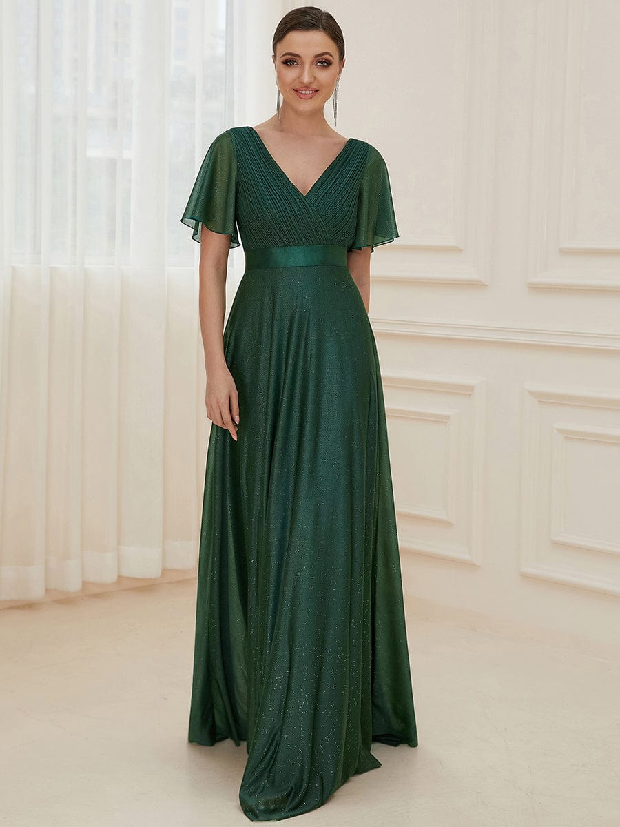 Sparkling Short Sleeve V-Neck Ribbon Waist A-Line Evening Dress #color_Dark Green