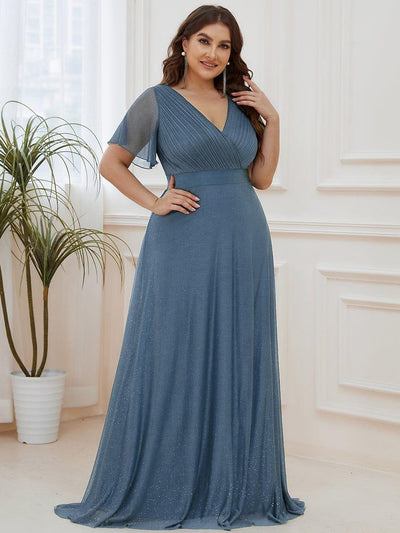 Sparkling Short Sleeve V-Neck Ribbon Waist Plus Size Formal Evening Dress #color_Dusty Blue