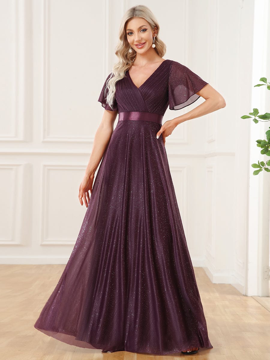 Sparkling Short Sleeve V-Neck Ribbon Waist A-Line Evening Dress #color_Dark Purple