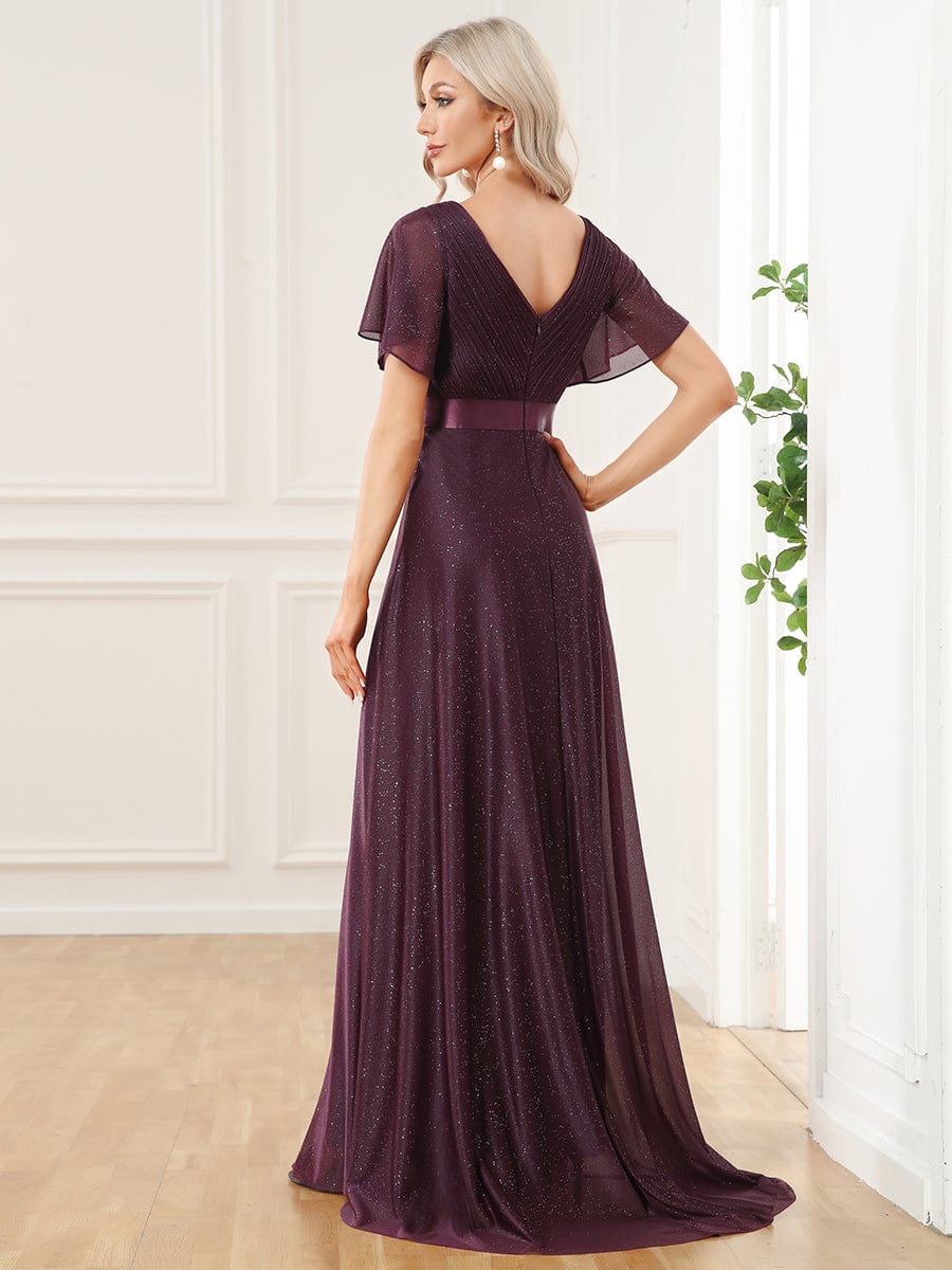 Sparkling Short Sleeve V-Neck Ribbon Waist A-Line Evening Dress #color_Dark Purple