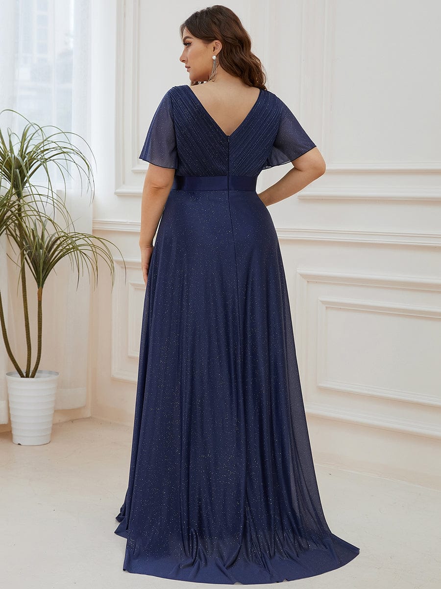 Sparkling Short Sleeve V-Neck Ribbon Waist Plus Size Formal Evening Dress #color_Navy Blue