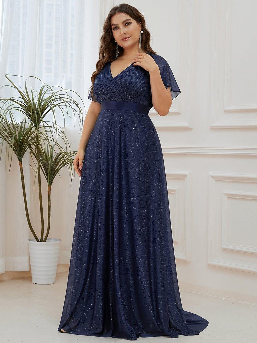 Plus Size V Neck Ribbon Waist Formal Evening Dress With Sleeves