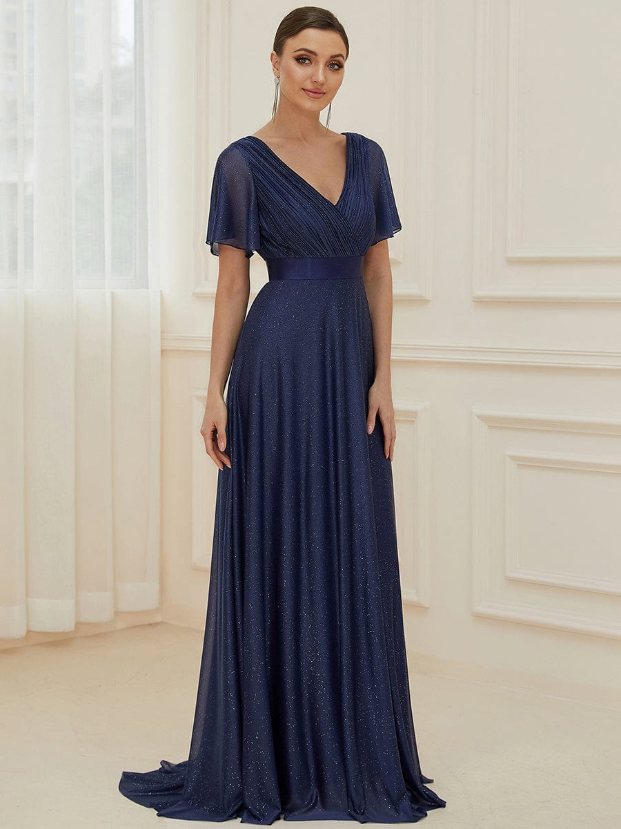 Sparkling Short Sleeve V-Neck Ribbon Waist A-Line Evening Dress