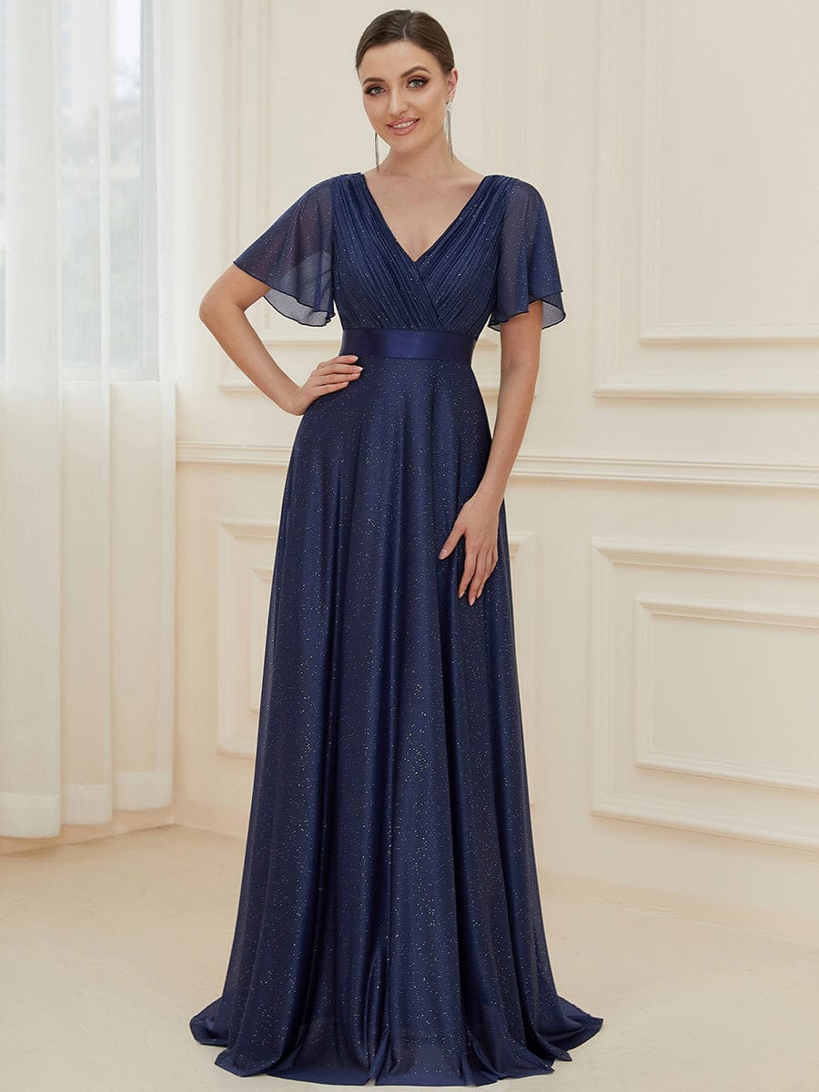 Sparkling Short Sleeve V-Neck Ribbon Waist A-Line Evening Dress #color_Navy Blue