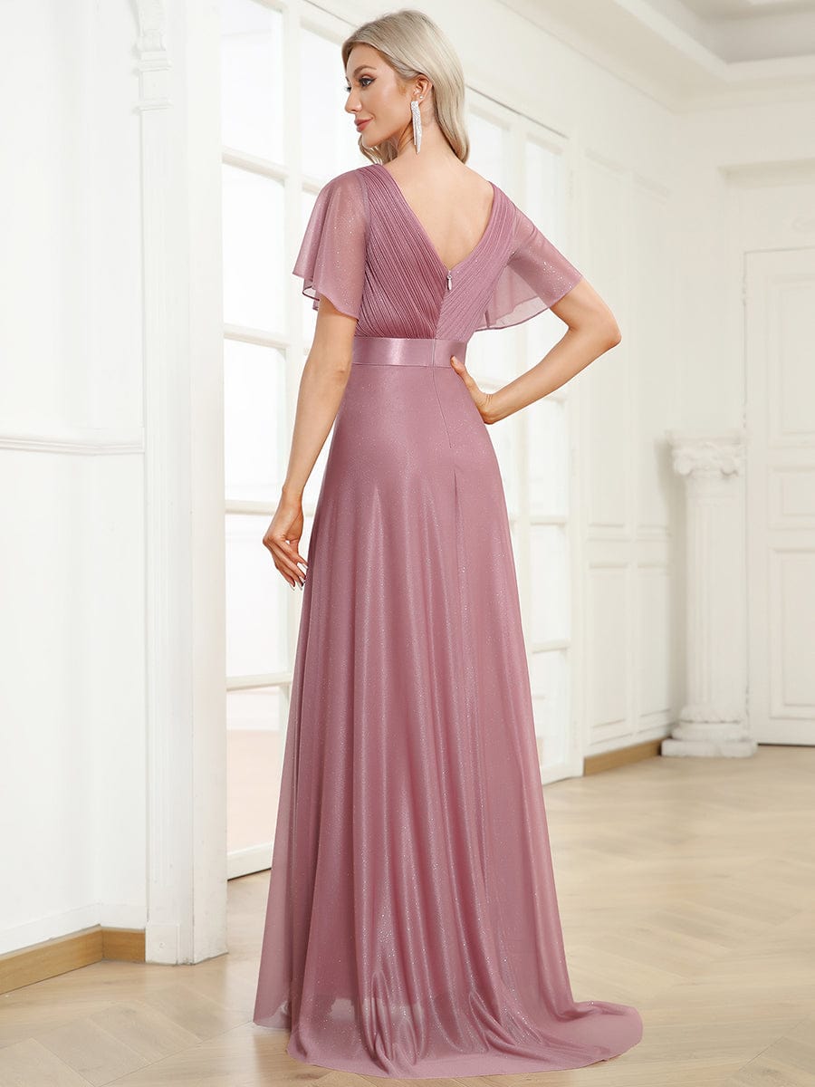 Sparkling Short Sleeve V-Neck Ribbon Waist A-Line Evening Dress
