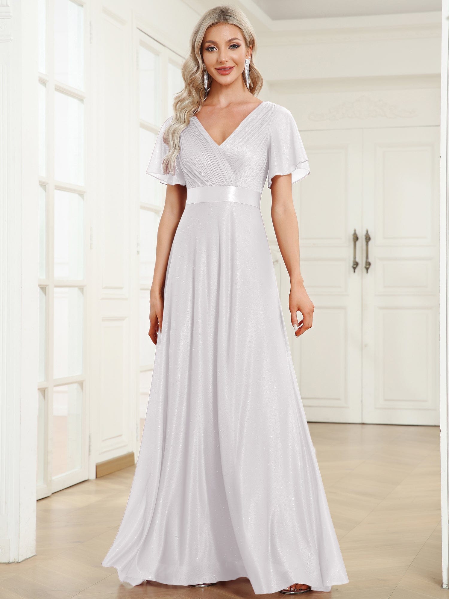 Custom Size V Neck Ribbon Waist Formal Evening Dress With Sleeves #color_White