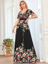 A-Line V-Neck Sheer Flutter Sleeve Maxi Evening Dress #color_Black and printed 